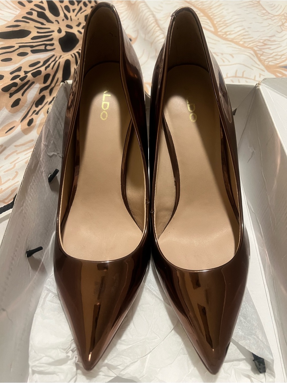 ALDO Brown Metallic Pointed-Toe Patent Pumps